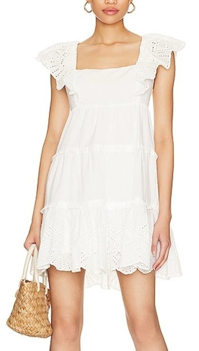 MINKPINK Starling White Eyelet Ruffled Tiered Mini Smock Dress Size XXL EUC